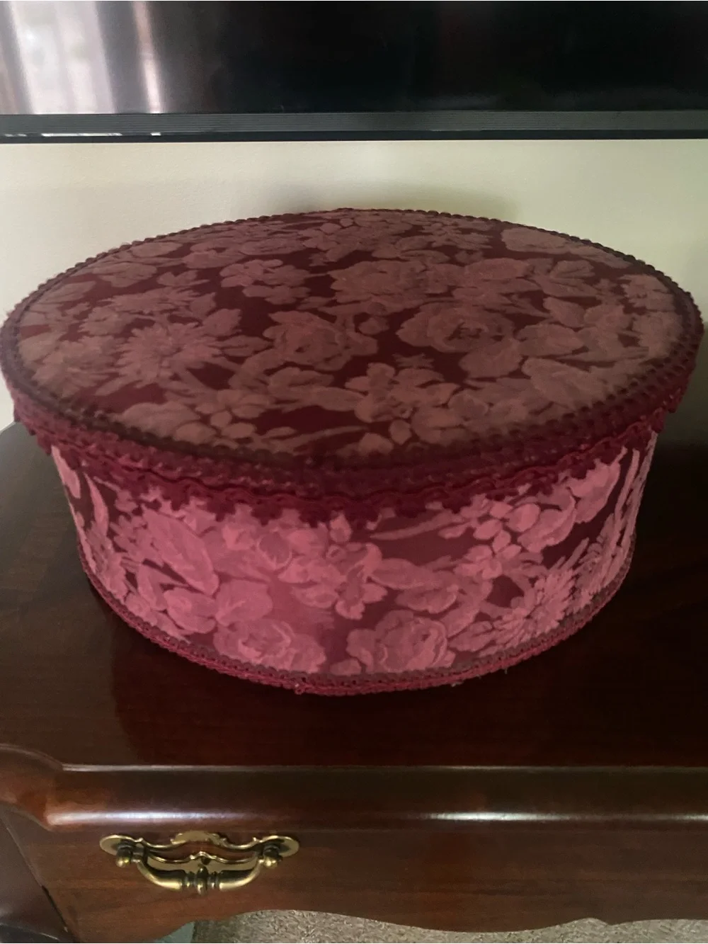 Vintage Burgundy Floral Decorative Hat Box with Tassel Trim Romantic